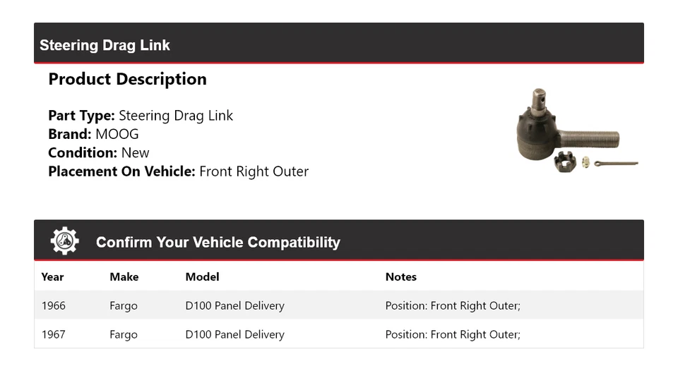 Enlace de arrastre de dirección de entrega de panel Fargo D100 1966-1967 MOOG Foto 2 de 4