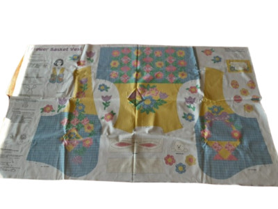 Vtg Flower Basket Easter Spring Vest Fabric Panel, Cut & Sew, Bunny floppy