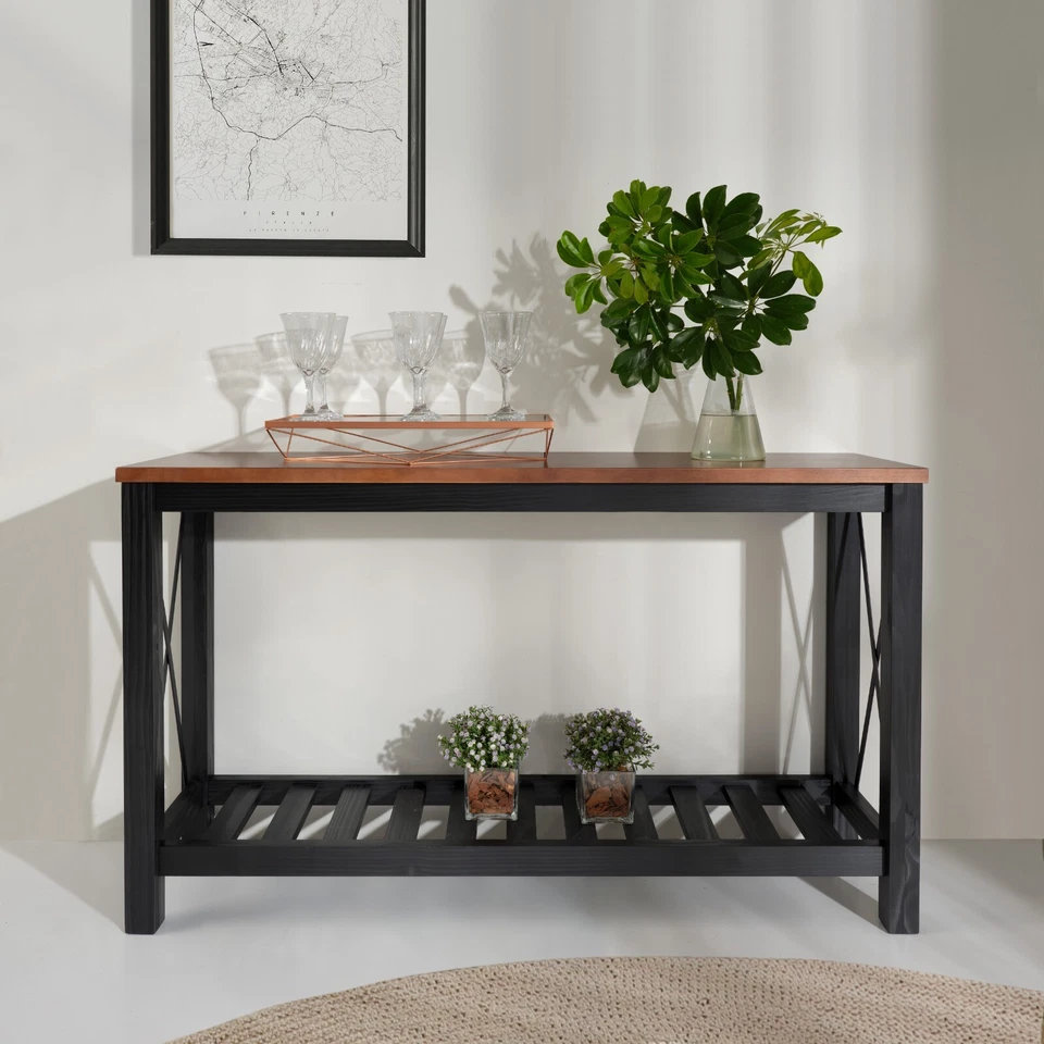Cottage Sideboard Hall Table Console Black Solid Pine Walnut Top H81xW132xD36cm - Image 2 of 4