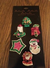 VTG Christmas Button Covers (6) Sequins & Beads Tree Santa Candle Snowman Star 