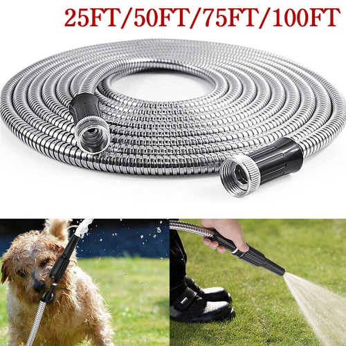 Garden Hose Car Wash Stainless Steel Metallic Heavy Duty Flexible 25-100FT