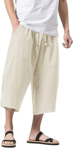 MAGNIVIT Men's Linen Cotton Capri Pants Loose Fit Elastic Waist Wide Leg Baggy H