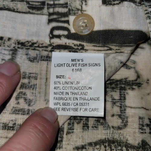 NWT Woolrich Mens Sz L Camp Shirt Olive Fish Signs Linen Blend Short Sleeve - Picture 13 of 17