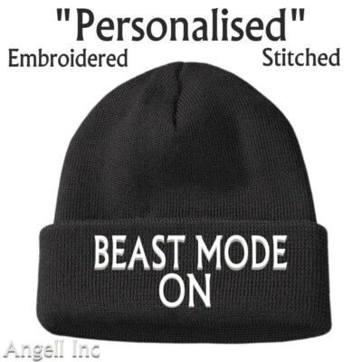 HERREN BEAST MODE ON BEANIE MÜTZE GYM TRAINING SPORT GESCHENK FRAUEN personalisiert wollig