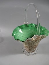 Vintage MURANO Art Glass Basket Green  White With Gold Flecks 10-1/4"