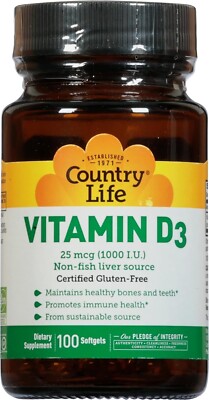 Country Life Vitamin D3, Non-fish, 25 mcg (1000 I.U) 100 Softgels