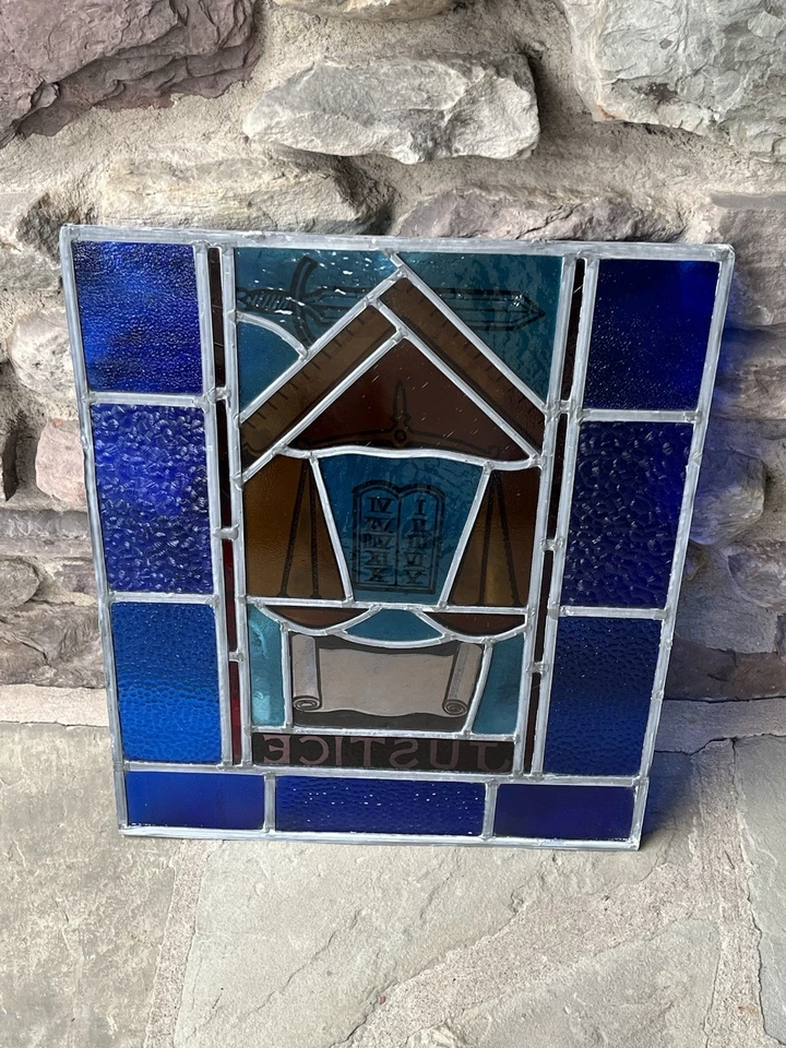 ANTIGUO VITRAL IGLESIA VENTANA "JUSTICIA" pintado vidrio cocido años 40 NYC Foto 2 de 4