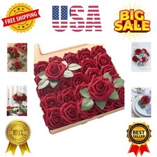 Artificial Flowers 25pcs Real Looking Dark Red Foam Fake Roses with Stems for...
