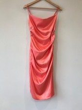 Fashion Nova Bodycon Dress Coral Satin Ruched Strappy Midi Size S Party Guest 