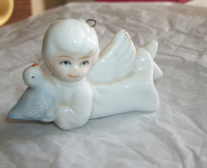 VTG. Porcelain  Angel Holding Blue Bird Christmas Ornament,