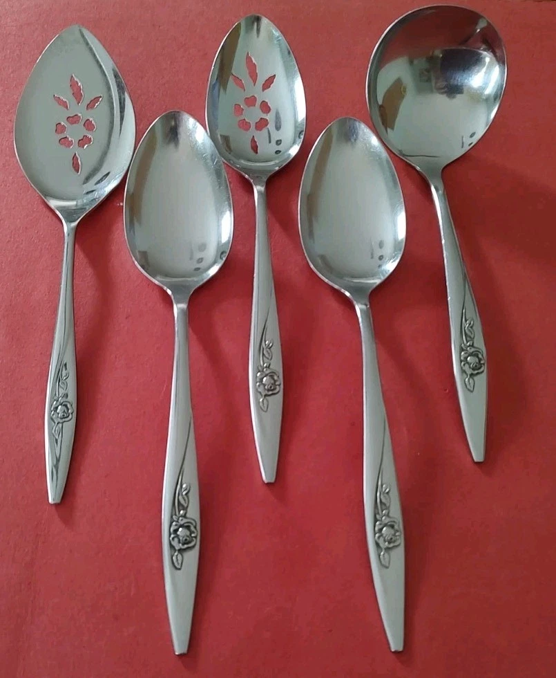 5pc Oneidacraft LASTING ROSE Deluxe Stainless SERVING Spoons Forks Ladle Oneida