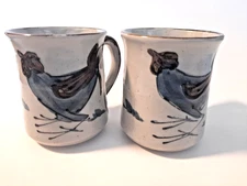 Set of 2-Mexican Tonala Pottery Mugs-Possibly Palomar Studio- Birds Blue & Brown