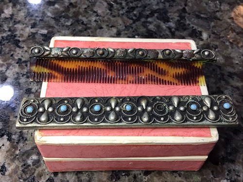 Antique Sterling Silver Tortoise Shell Hair Comb & Case Flowers Blue Stone ITALY