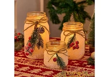 3PCS Christmas Centerpieces Candles Tables, Decor with Mason Jar, Flowers Winter