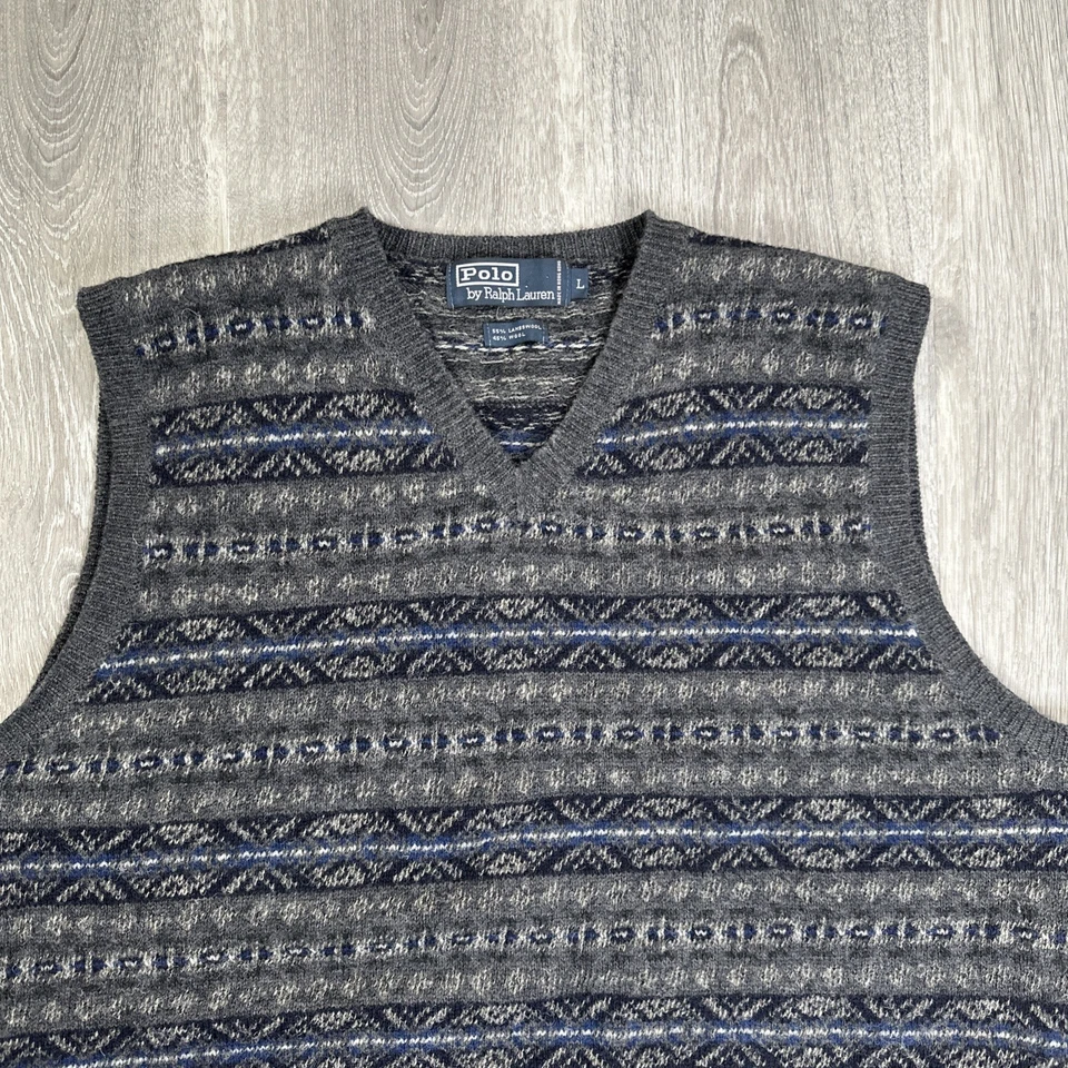 Polo Ralph Lauren Sweater Vest Mens L Gray Lambswool Fair Isle Knit V Neck VTG - Image 3 of 4