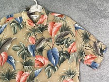 Pierre Cardin Shirt Mens Medium Tan Tropical Leaf Hawaiian Rayon Camp Button Up