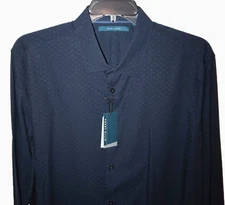 Perry Ellis Mens Long Sleeve Shirt Tall 2XLT Dark Blue Sapphire Geometric Design