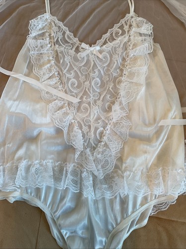 Vtg 80s NWT Nylon Teddy Chiffon Robe Set Lingerie 3x White Bridal Ruffles NOS - Picture 3 of 9