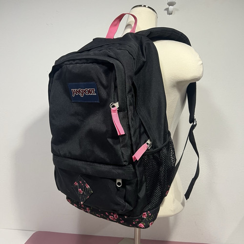 Jansport Black Pink Floral Bottom School Backpack Full Size EUC