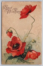 Antique Greeting Postcard Best Wishes Red Flowers Floral Theme Posted 1910s