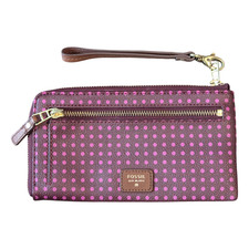 Fossil Brown Pink Polka Dot Zip Around Wristlet Wallet Clutch Organizer