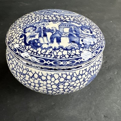 Antique William Adams English Pottery Trinket Jar Blue White Chinese Pattern#R28