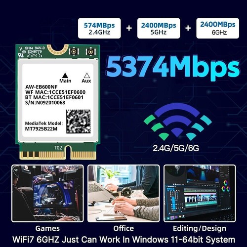 Wi-Fi 7 MT7925 M.2 Key E Tri-Band 5374Mbps Bluetooth 5.3 Laptop PC Wireless Card - Afbeelding 2 van 6