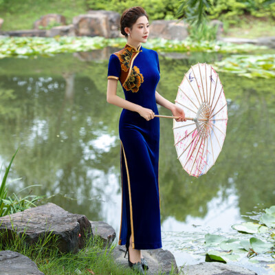 Women's Oversize Velvet Cheongsam Dress Embroidery Qipao Maxi Loose Frog Button