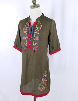 109°F Peacock Embroidered Tunic Dress Size S Brown Floral Lace Up Neck