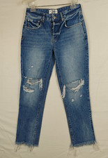 Free People Button Fly Straight Ankle Jeans Womens 26 Distressed Raw Hem 28x26