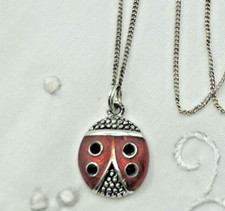 Sterling Silver Vintage Necklace with Detailed Lady Bug Pendant/Charm 15" Long