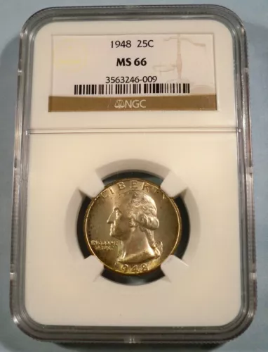 1948 NGC MS66 WASHINGTON QUARTER LIGHT RAINBOW TONE SILVER 25c MS 66