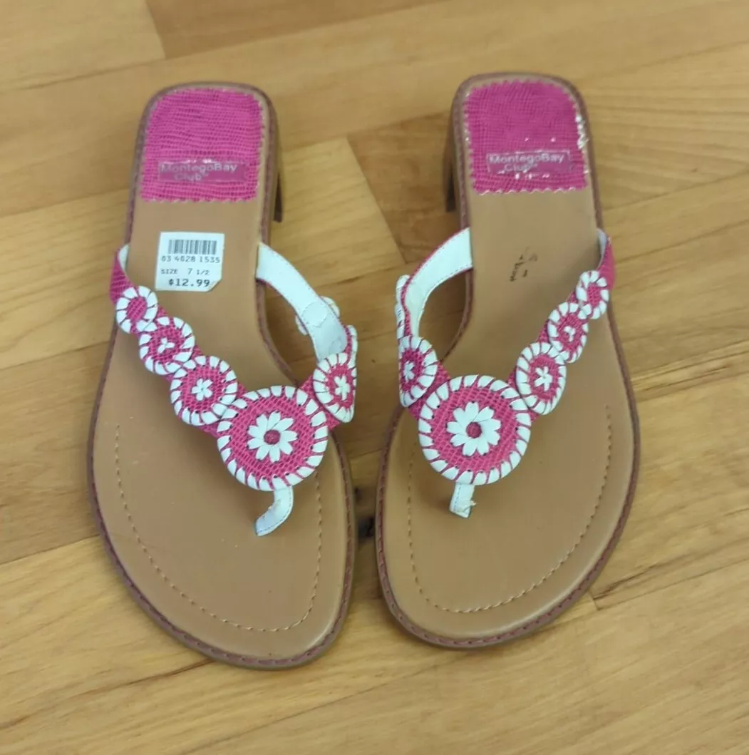 New MONTEGO BAY CLUB Flip Flops Sandals Women's SIZE 7.5 Pink & White 7 1/2