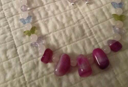 Artist India Rasberry Stone, Quartz Gem, Lampwork Butterflys necklace Solid Set - Picture 2 of 7