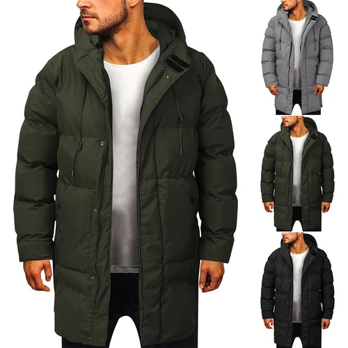 Herren langer gefütterter Mantel Kapuze dicke Luftpolsterjacke gesteppt wattiert - Bild 16 von 39