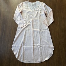 Vintage NATORI Nightgown Medium Pink Satin Long Sleeve Tunic Embroidered Lace