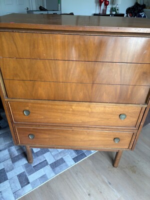mid century modern tall dresser Vintage American of Martinsville "Harlequin" Walnut / Gentleman's Chest Boston Mid Century Modern engineered wood drawers and top with Acacia wood veneer Mid-Century Modern Tall Dresser