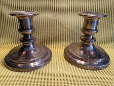 TATE LYLE PAIR  STYLISH ORNATE SILVER PLATED CANDLESTICKS - 4 3/4 " INCHES TALL