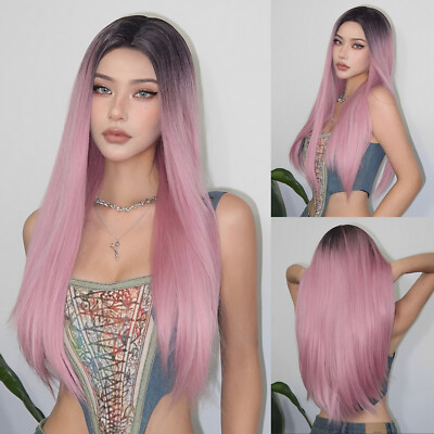 Ombre Hair Pink Wig Roots Ombre Pink Long Straight Wig Synthetic - Main Image