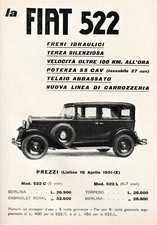 PUBBLICITA' 1931 AUTO FIAT 522 MOD. C MOD.L 6 CILINDRI TORPEDO BERLINA LISTINO 