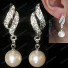 CLIP ON pearl TWIST rhinestone CRYSTAL drop EARRINGS silver fashion CREAM/WHITE