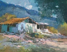 Beautiful Colorful Andean Landscape W/ Farmhouse Oil on Canvas Signed Raval