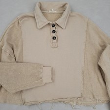 Easel Los Angeles Oversized Crop Top Sweatshirt Large Tan Patchwork Cotton