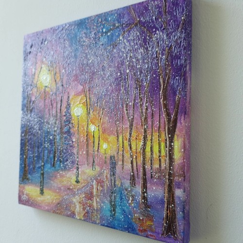Original Oil Winter Landscape Painting Snow Park Alley Evening Scene - Picture 21 of 24