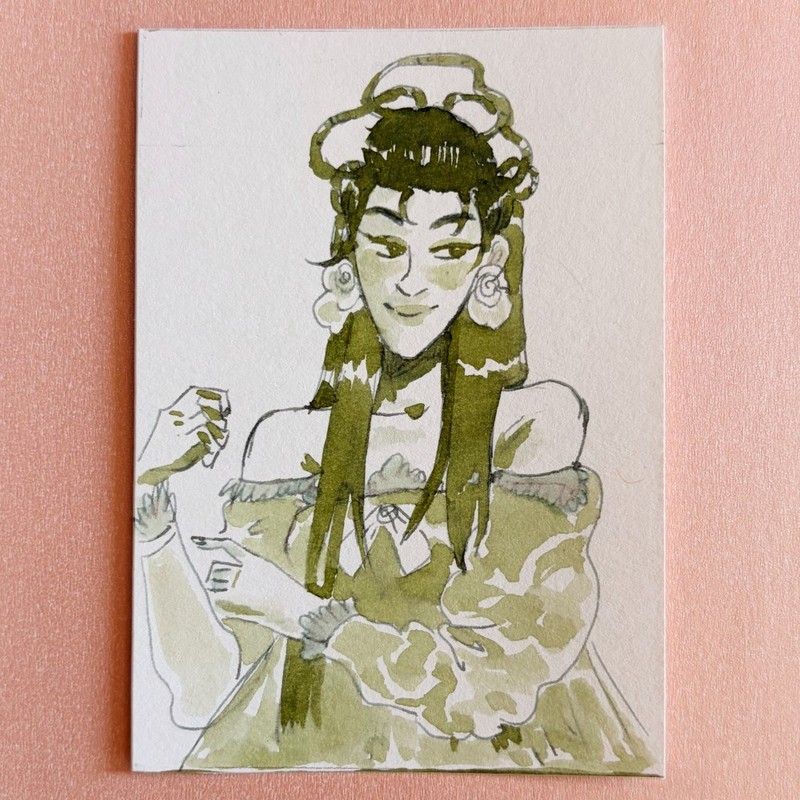ACEO Original Watercolor Ink Painting Green Woman Anime Portrait 3.5x2.5"