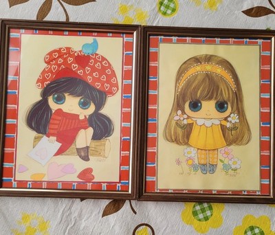 Vintage Mcm Big Eye Girl Framed Prints Mod Groovy Retro Kitsch Framed Art 