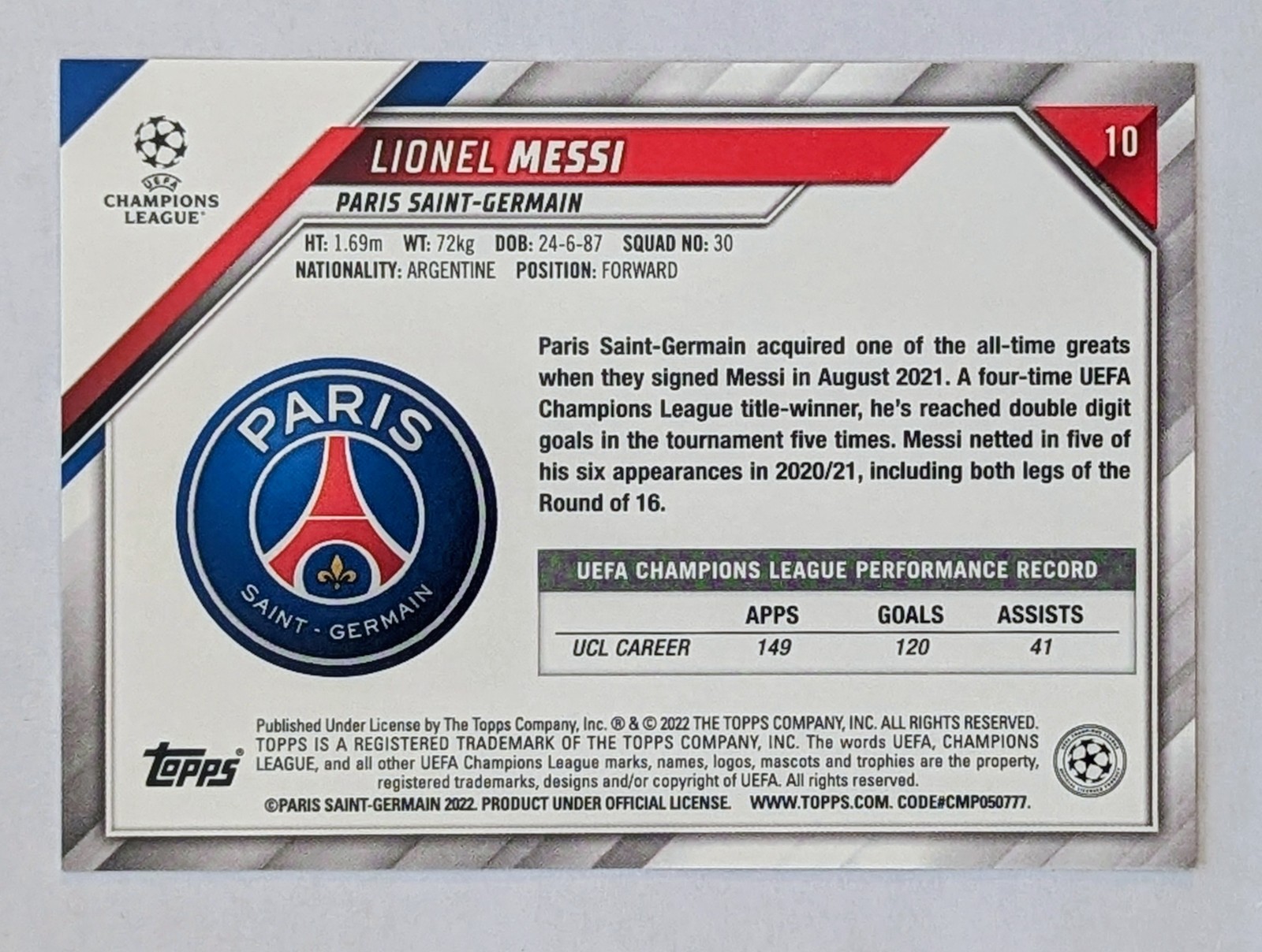 2021-22 Topps Uefa Champions League - Lionel Messi #10 Sparkle Foil view 2