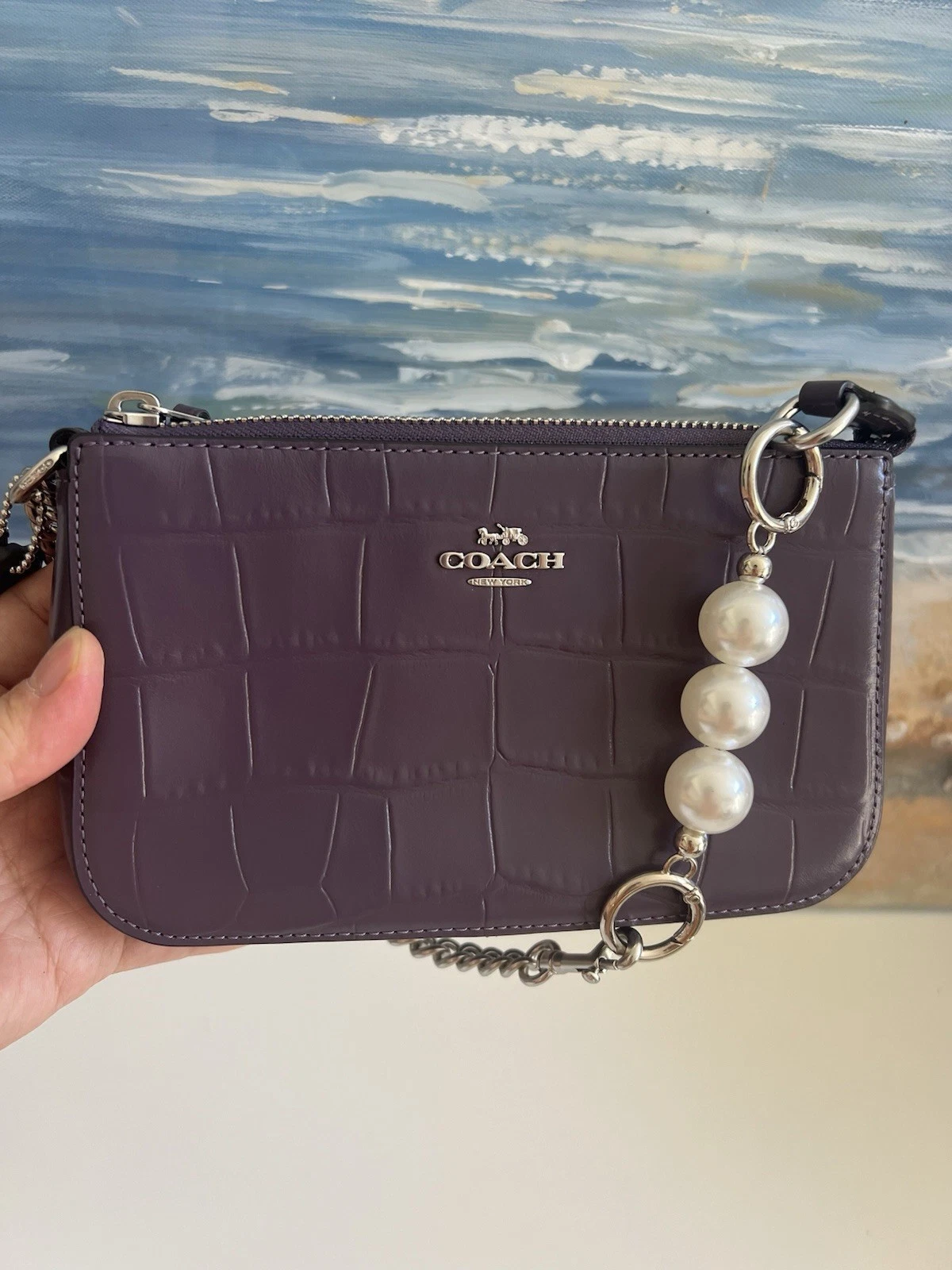 Coach CN382 Nolita 19 nuovo con etichette in pelle di coccodrillo goffrata argento ametista NUOVO