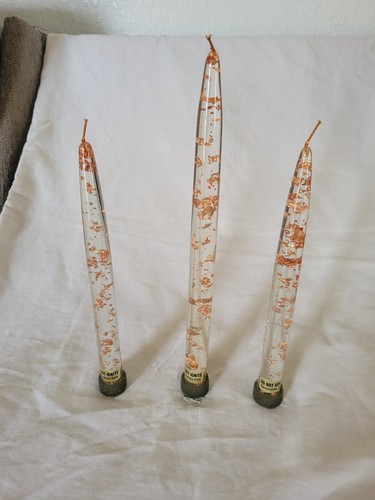 3 Vntg Decorative Lucite Acrylic Taper Candles Clr w/Copper Flakes 8-10" 60s