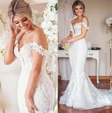 White Lace Wedding Dress Mermaid Bridal Gowns Vintage Appliqued Off The Shoulder